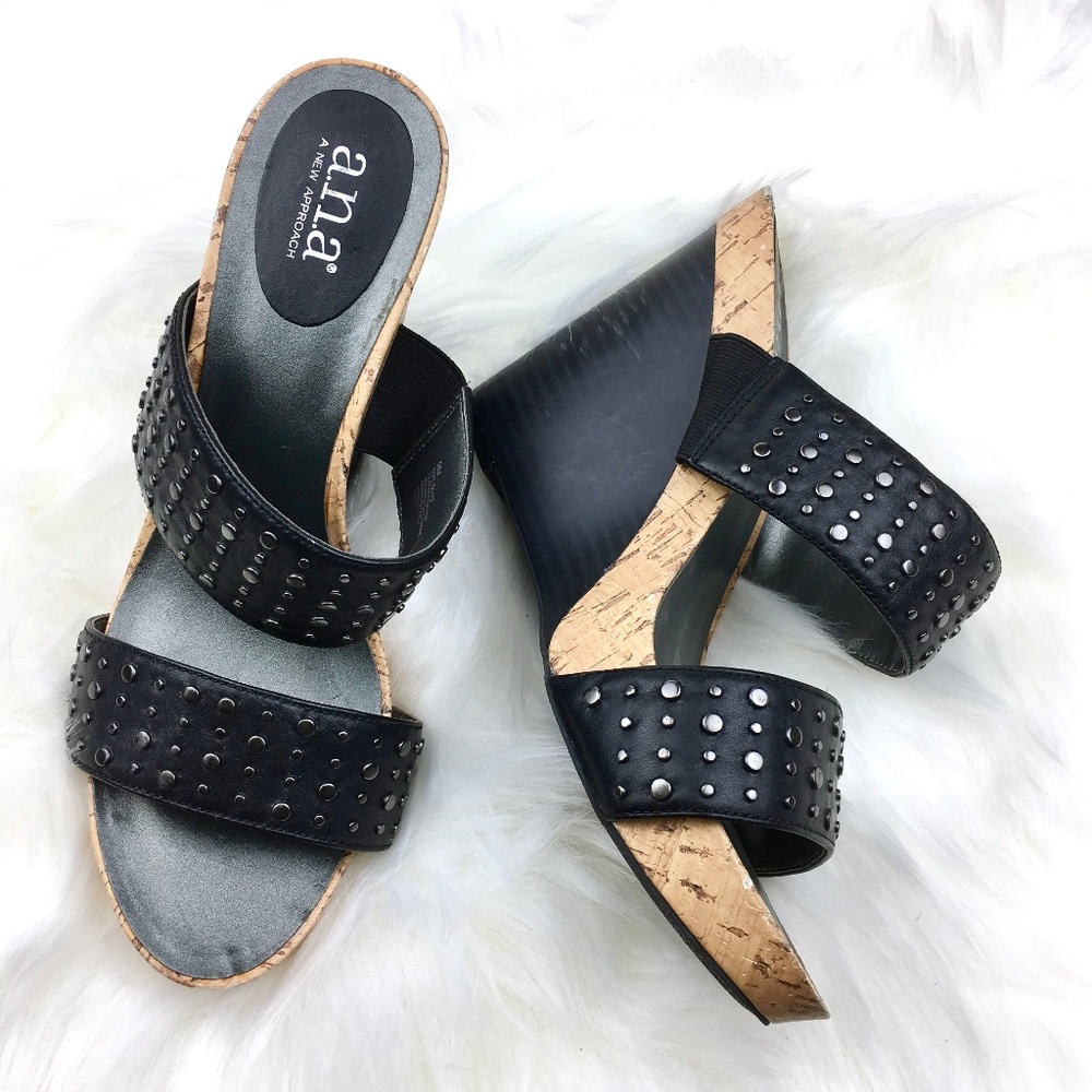 a.n.a Black Leather Studded Wedges 9